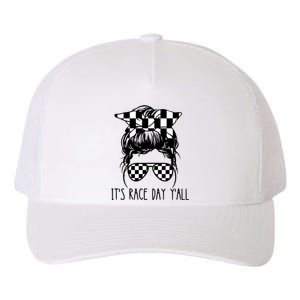 It's Race Day Y'all Checkered Flag Messy Bun Racing Lovers Great Gift Yupoong Adult 5-Panel Trucker Hat