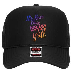 Its Race Day Yall Checkered Flag American Flag Race High Crown Mesh Back Trucker Hat