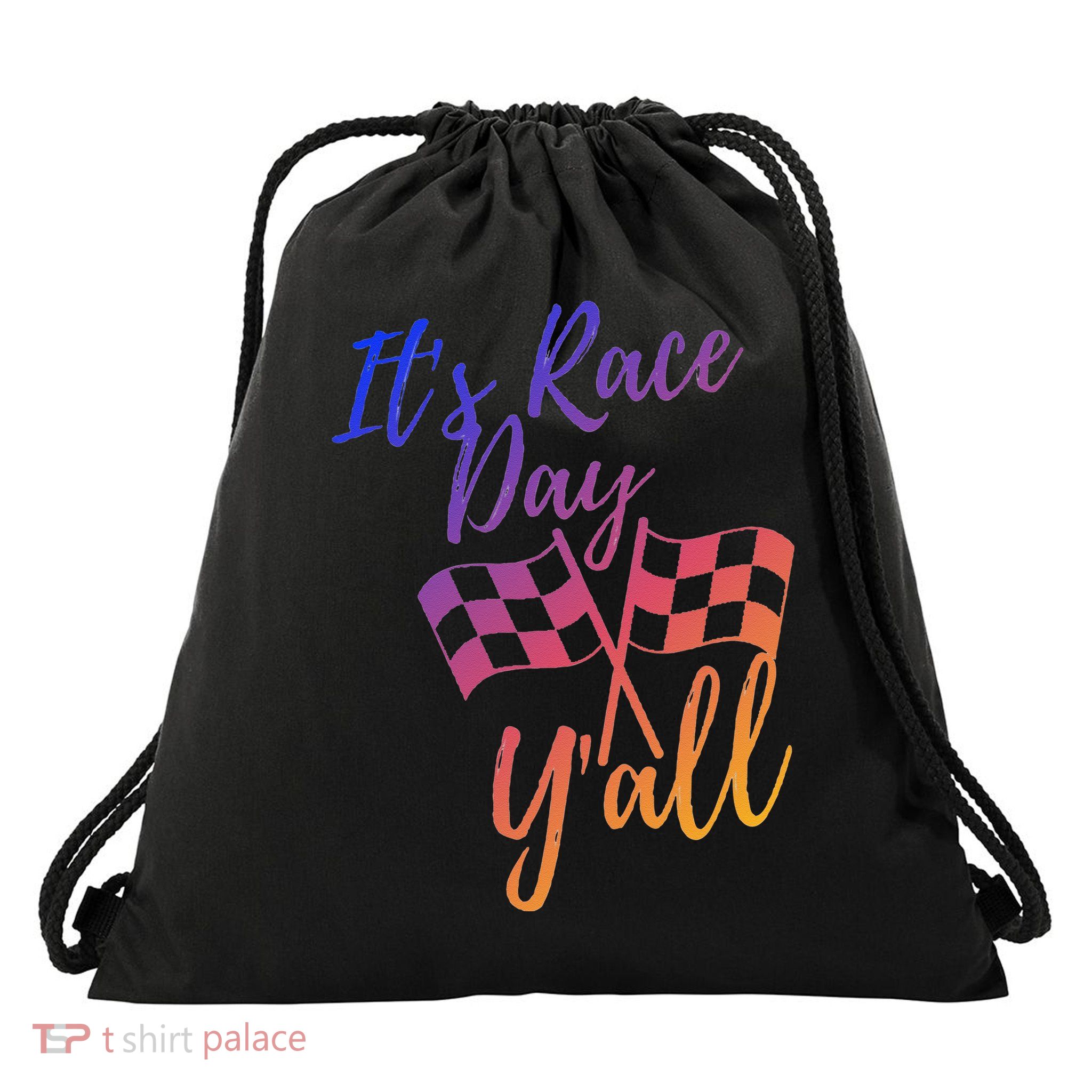 Its Race Day Yall Checkered Flag American Flag Race Drawstring Bag