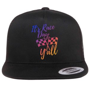 Its Race Day Yall Checkered Flag American Flag Race Flat Bill Trucker Hat