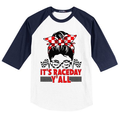 Its Race Day Yall Checkered Flag Racing Messy Bun Women Baseball Sleeve Shirt