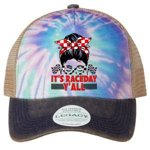 Its Race Day Yall Checkered Flag Racing Messy Bun Women Legacy Tie Dye Trucker Hat