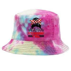 Its Race Day Yall Checkered Flag Racing Messy Bun Women Tie-Dyed Bucket Hat