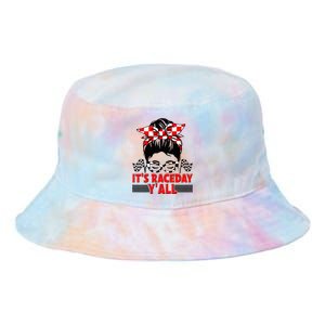 Its Race Day Yall Checkered Flag Racing Messy Bun Women Tie Dye Newport Bucket Hat