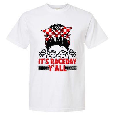 Its Race Day Yall Checkered Flag Racing Messy Bun Women Garment-Dyed Heavyweight T-Shirt