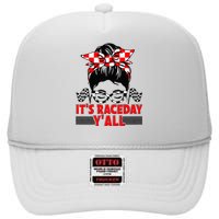 Its Race Day Yall Checkered Flag Racing Messy Bun Women High Crown Mesh Back Trucker Hat