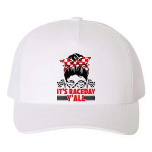 Its Race Day Yall Checkered Flag Racing Messy Bun Women Yupoong Adult 5-Panel Trucker Hat