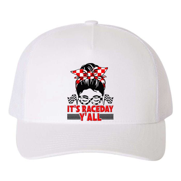 Its Race Day Yall Checkered Flag Racing Messy Bun Women Yupoong Adult 5-Panel Trucker Hat