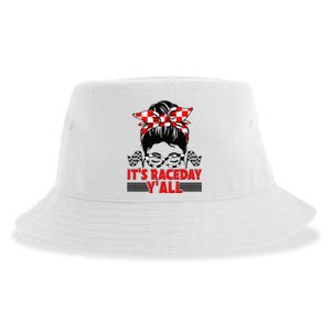 Its Race Day Yall Checkered Flag Racing Messy Bun Women Sustainable Bucket Hat