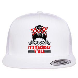 Its Race Day Yall Checkered Flag Racing Messy Bun Women Flat Bill Trucker Hat