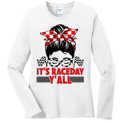 Its Race Day Yall Checkered Flag Racing Messy Bun Women Ladies Long Sleeve Shirt