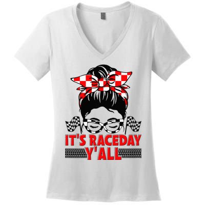 Its Race Day Yall Checkered Flag Racing Messy Bun Women Women's V-Neck T-Shirt