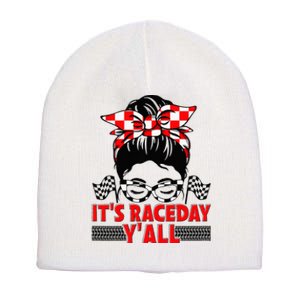 Its Race Day Yall Checkered Flag Racing Messy Bun Women Short Acrylic Beanie