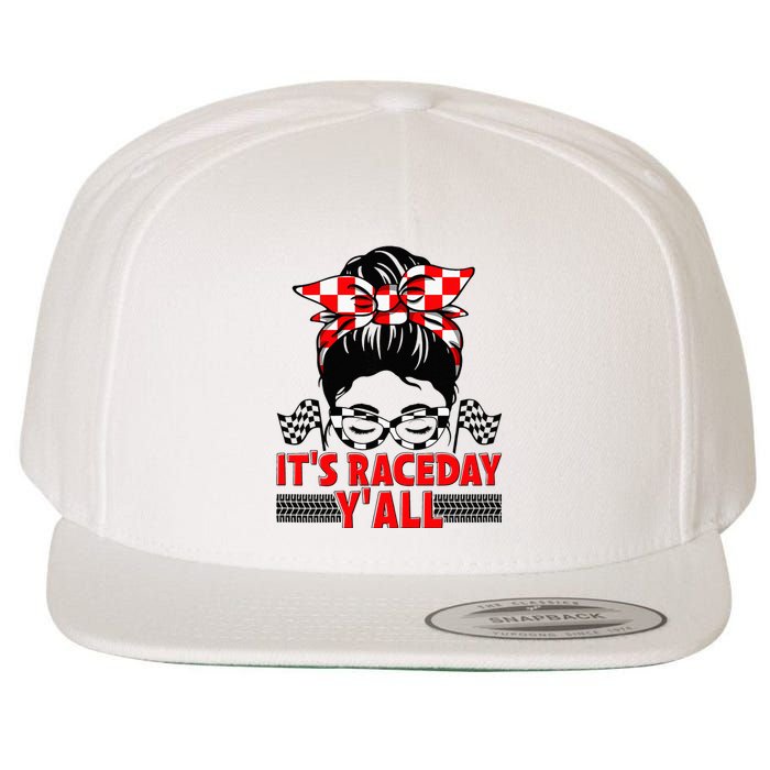 Its Race Day Yall Checkered Flag Racing Messy Bun Women Wool Snapback Cap