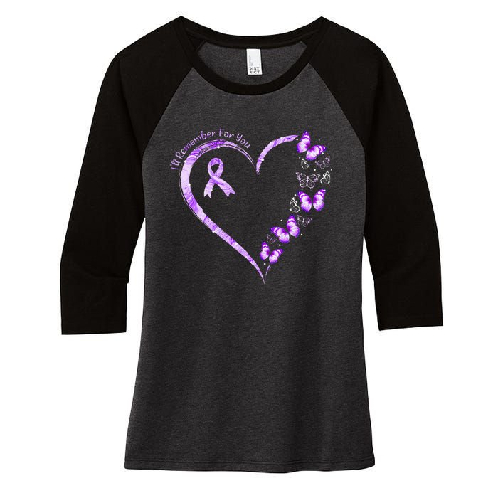 I'll Remember For You Purple Butterfly Alzheimer's Awareness Women's Tri-Blend 3/4-Sleeve Raglan Shirt