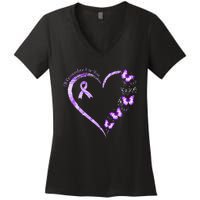 I'll Remember For You Purple Butterfly Alzheimer's Awareness Women's V-Neck T-Shirt