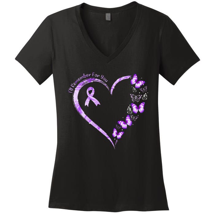 I'll Remember For You Purple Butterfly Alzheimer's Awareness Women's V-Neck T-Shirt