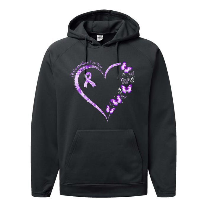 Ill Remember For You Purple Butterfly Alzheimers Awareness Performance Fleece Hoodie