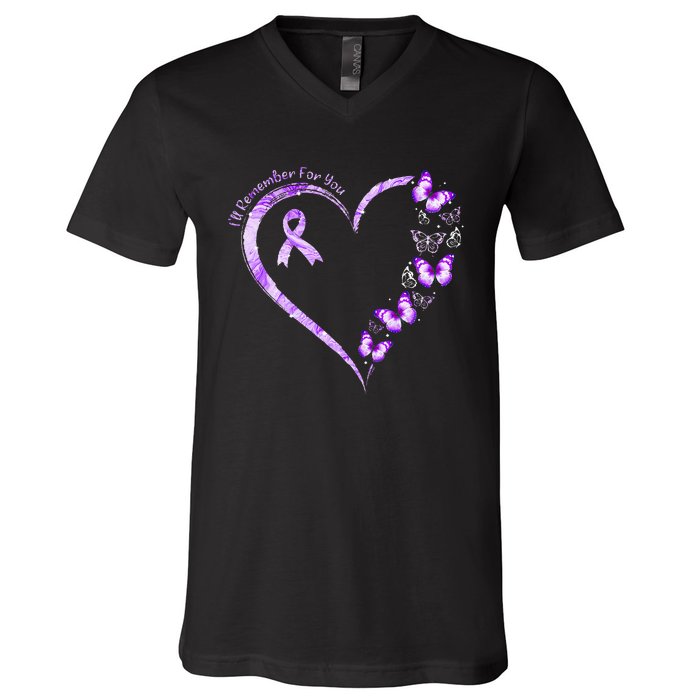 Ill Remember For You Purple Butterfly Alzheimers Awareness V-Neck T-Shirt