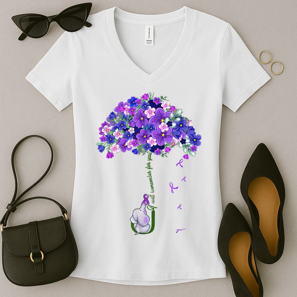 ILl Remember For You Purple Elephant AlzheimerS Awareness Women's V-Neck T-Shirt