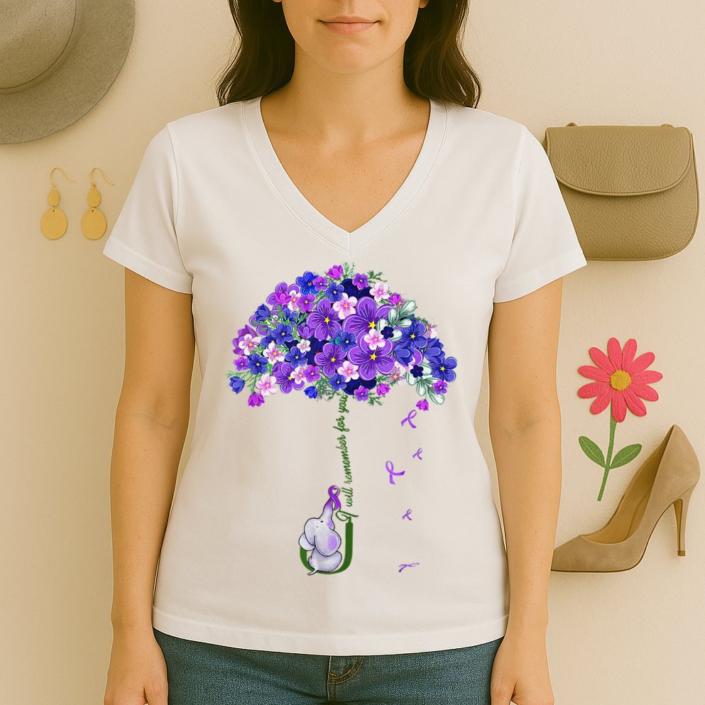 ILl Remember For You Purple Elephant AlzheimerS Awareness Women's V-Neck T-Shirt