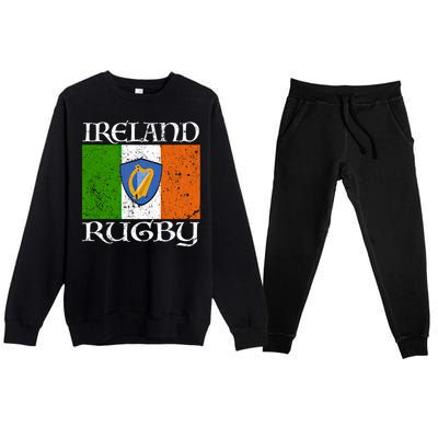 Ireland Rugby Gift Vintage Irish Flag Rugby Fan Gift Idea Premium Crewneck Sweatsuit Set