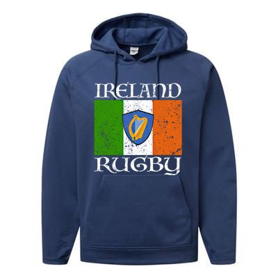 Ireland Rugby Gift Vintage Irish Flag Rugby Fan Gift Idea Performance Fleece Hoodie