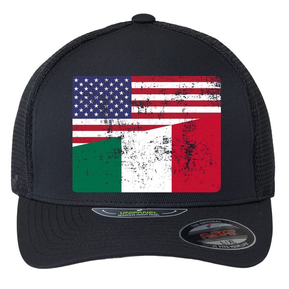 ITALIAN ROOTS Half American Flag USA ITALY FLAG Flexfit Unipanel Trucker Cap