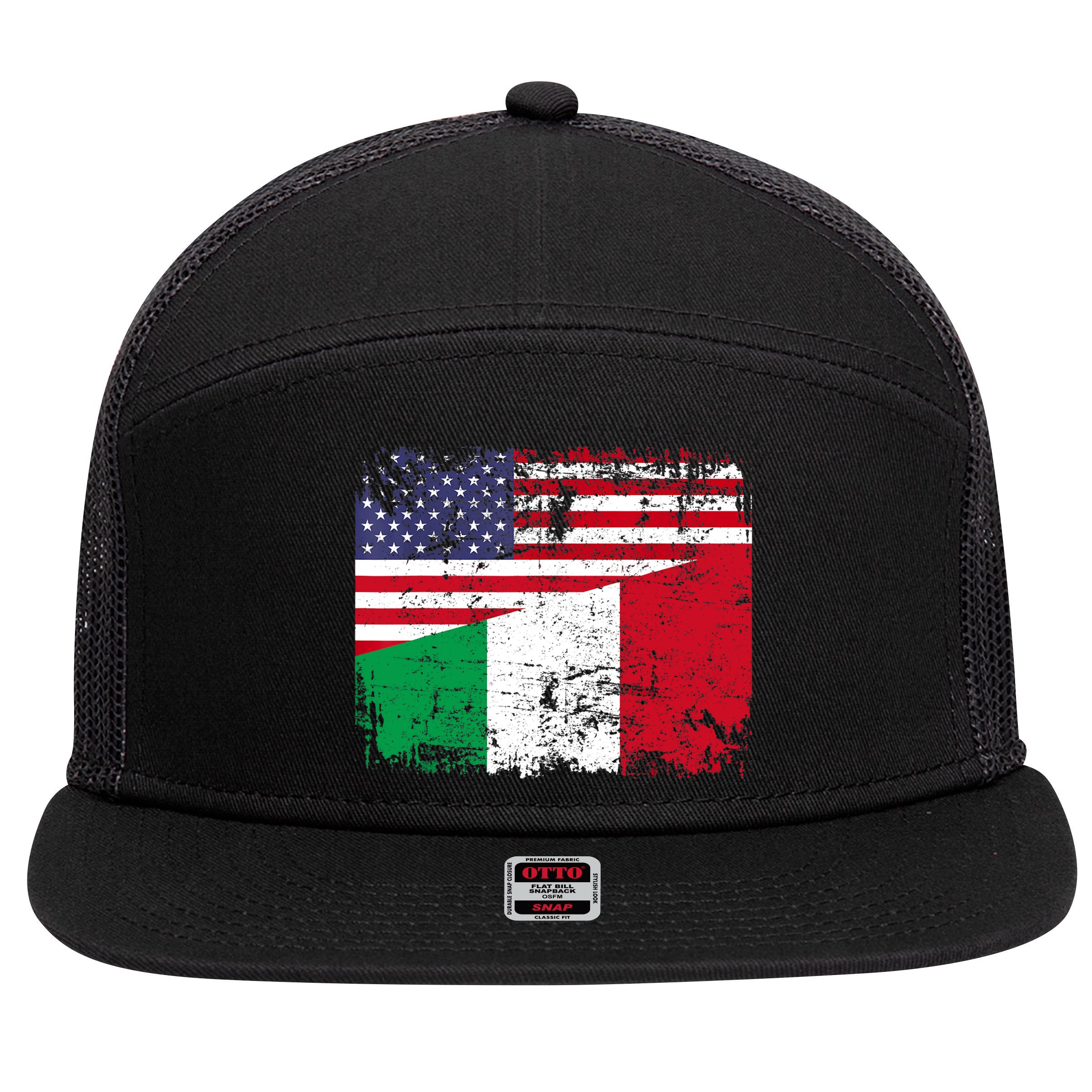 ITALIAN ROOTS | Half American Flag | USA ITALY FLAG TShirt 7 Panel Mesh Trucker Snapback Hat