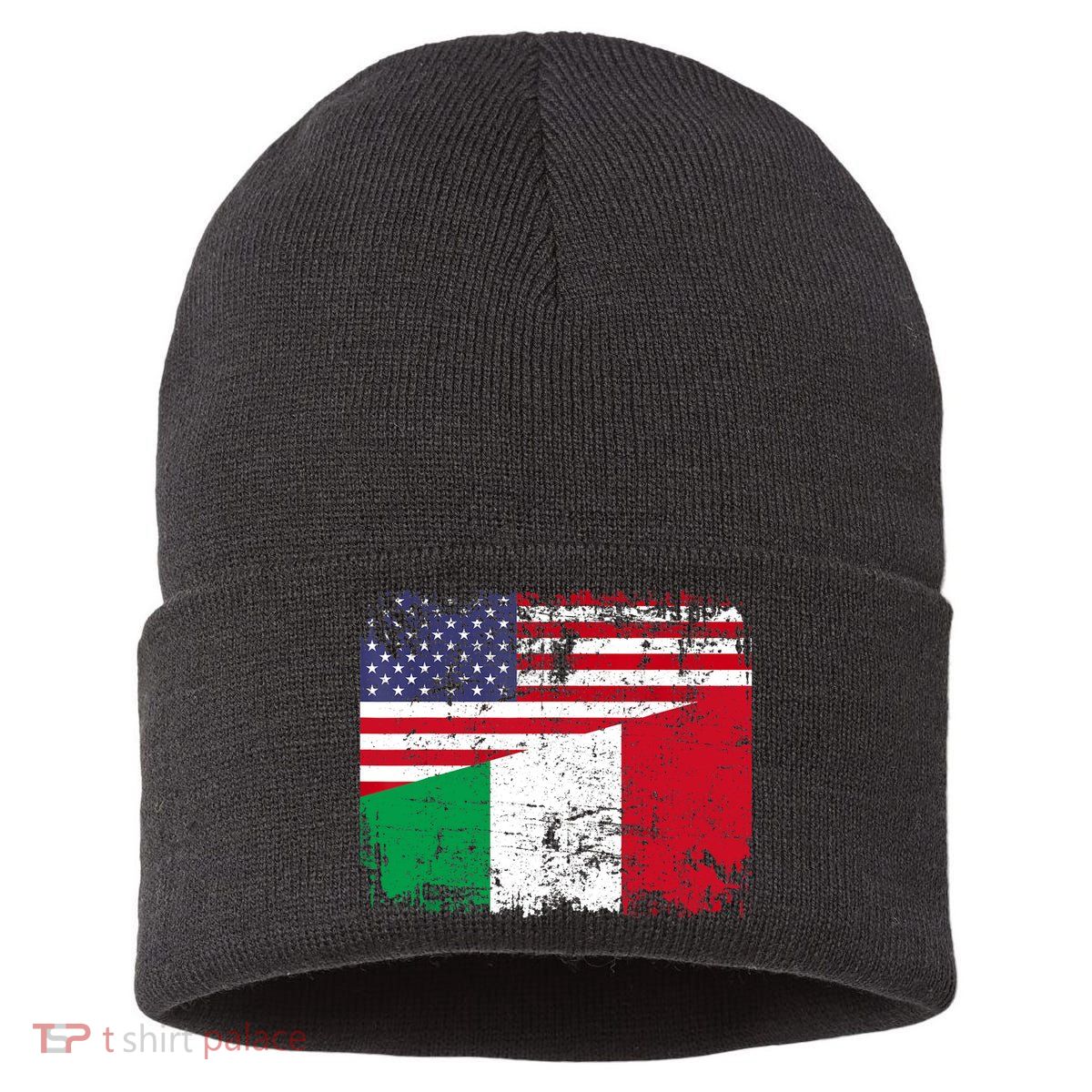 ITALIAN ROOTS | Half American Flag | USA ITALY FLAG TShirt Sustainable Knit Beanie