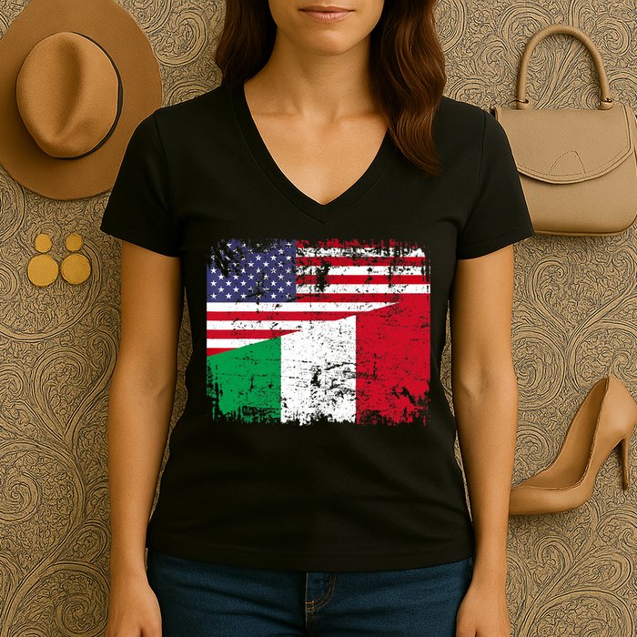ITALIAN ROOTS | Half American Flag | USA ITALY FLAG TShirt Women's V-Neck T-Shirt