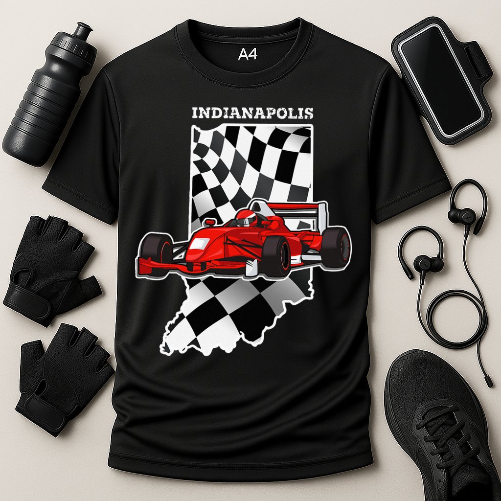 IndyCar Racing Indianapolis Map Checkered Flag Racer Cooling Performance Crew T-Shirt