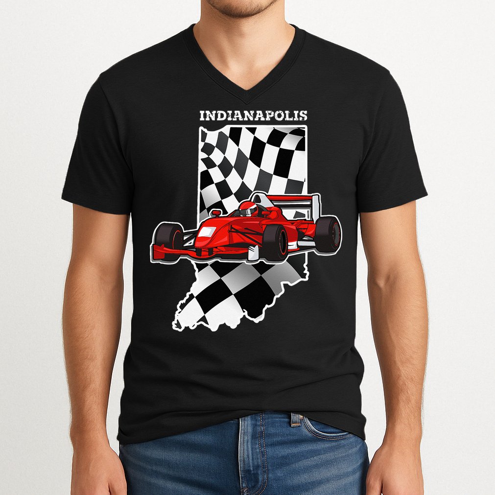 IndyCar Racing Indianapolis Map Checkered Flag Racer V-Neck T-Shirt