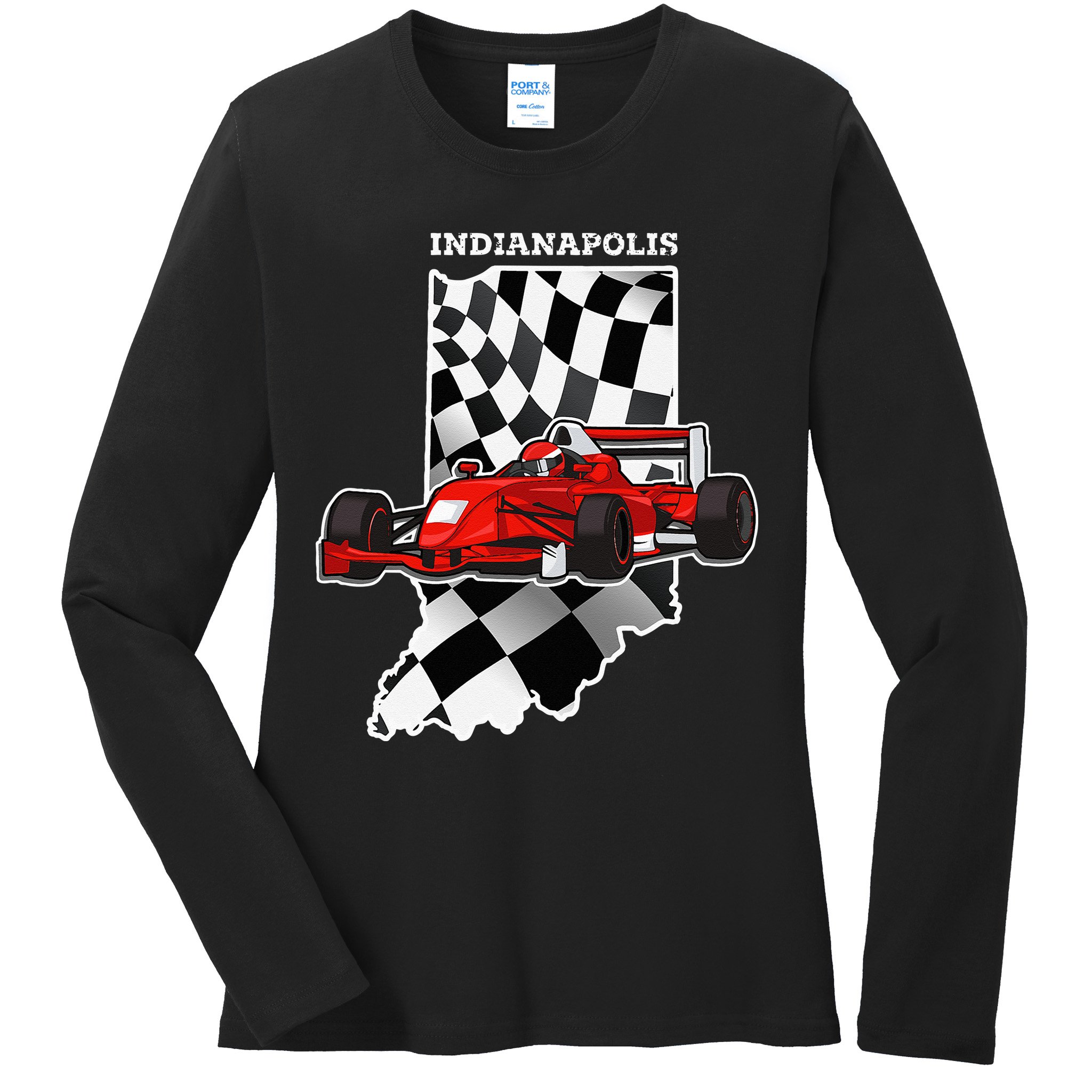 IndyCar Racing Indianapolis Map Checkered Flag Racer Ladies Long Sleeve Shirt