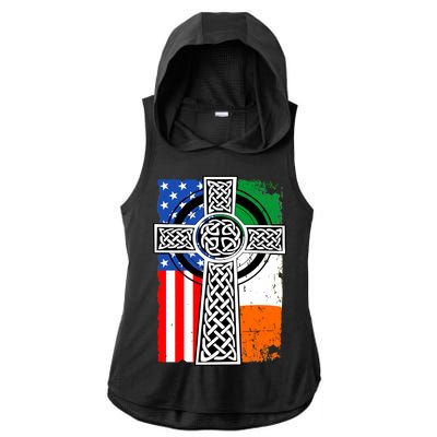 Irish American USA Flag Celtic Cross St Patrick's Day Ladies PosiCharge Tri-Blend Wicking Draft Hoodie Tank