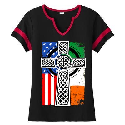 Irish American USA Flag Celtic Cross St Patrick's Day Ladies Halftime Notch Neck Tee