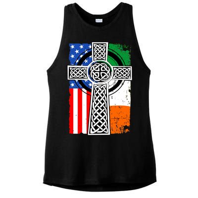 Irish American USA Flag Celtic Cross St Patrick's Day Ladies PosiCharge Tri-Blend Wicking Tank