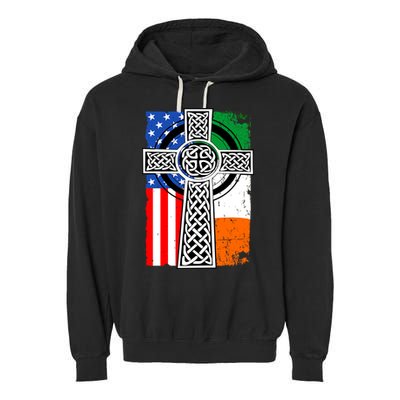 Irish American USA Flag Celtic Cross St Patrick's Day Garment-Dyed Fleece Hoodie