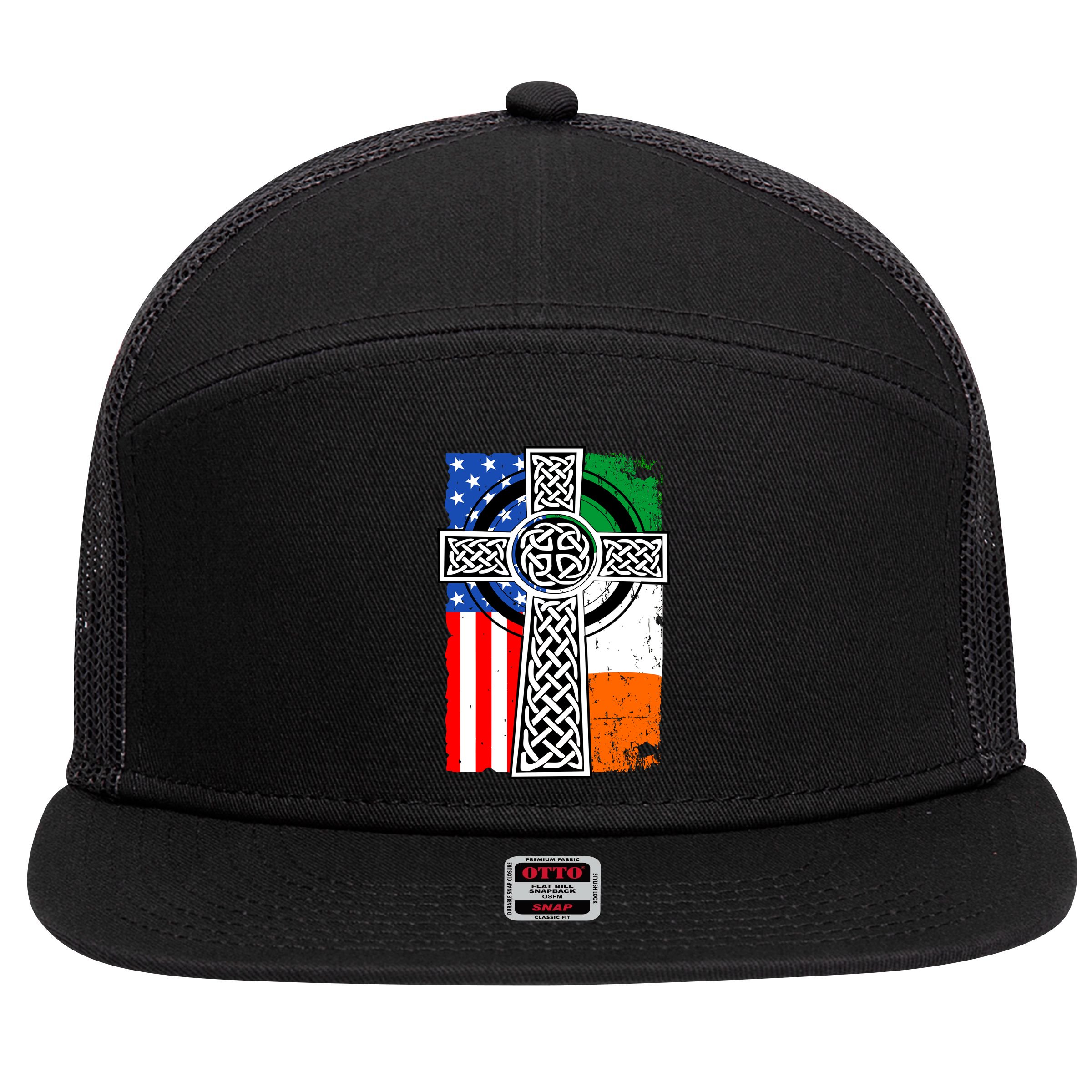 Irish American USA Flag Celtic Cross St Patrick's Day 7 Panel Mesh Trucker Snapback Hat