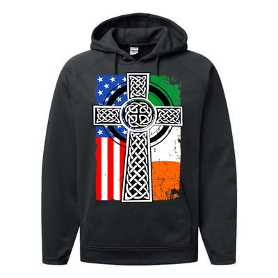 Irish American USA Flag Celtic Cross St Patrick's Day Performance Fleece Hoodie