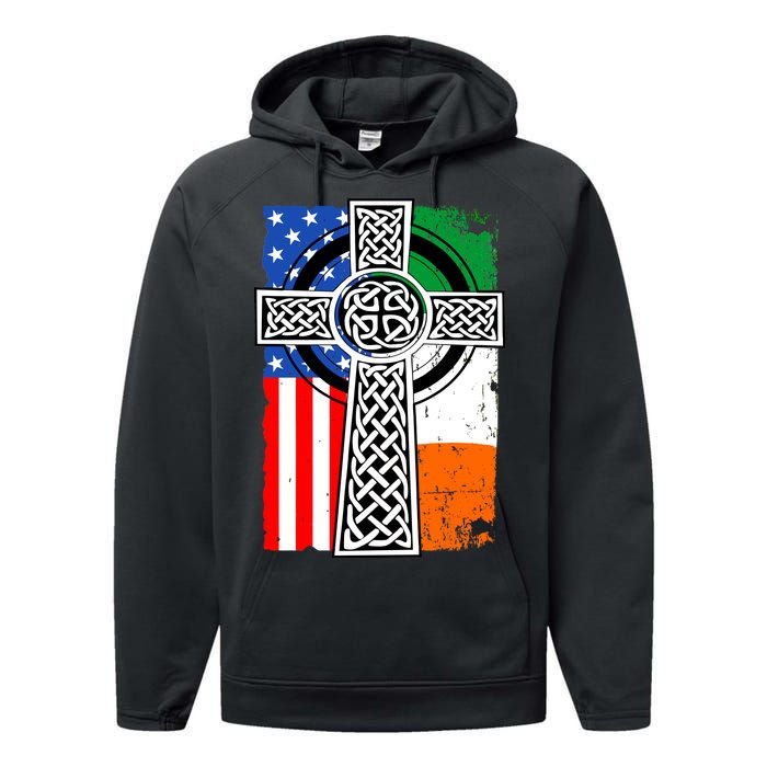 Irish American USA Flag Celtic Cross St Patrick's Day Performance Fleece Hoodie