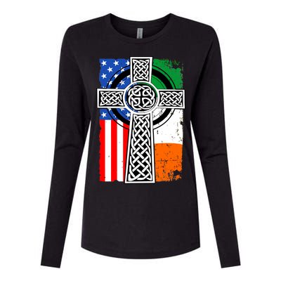 Irish American USA Flag Celtic Cross St Patrick's Day Womens Cotton Relaxed Long Sleeve T-Shirt