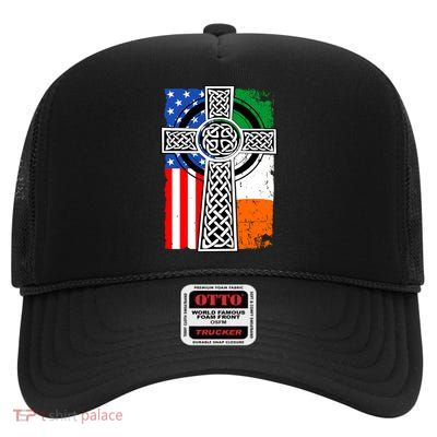 Irish American USA Flag Celtic Cross St Patrick's Day High Crown Mesh Back Trucker Hat