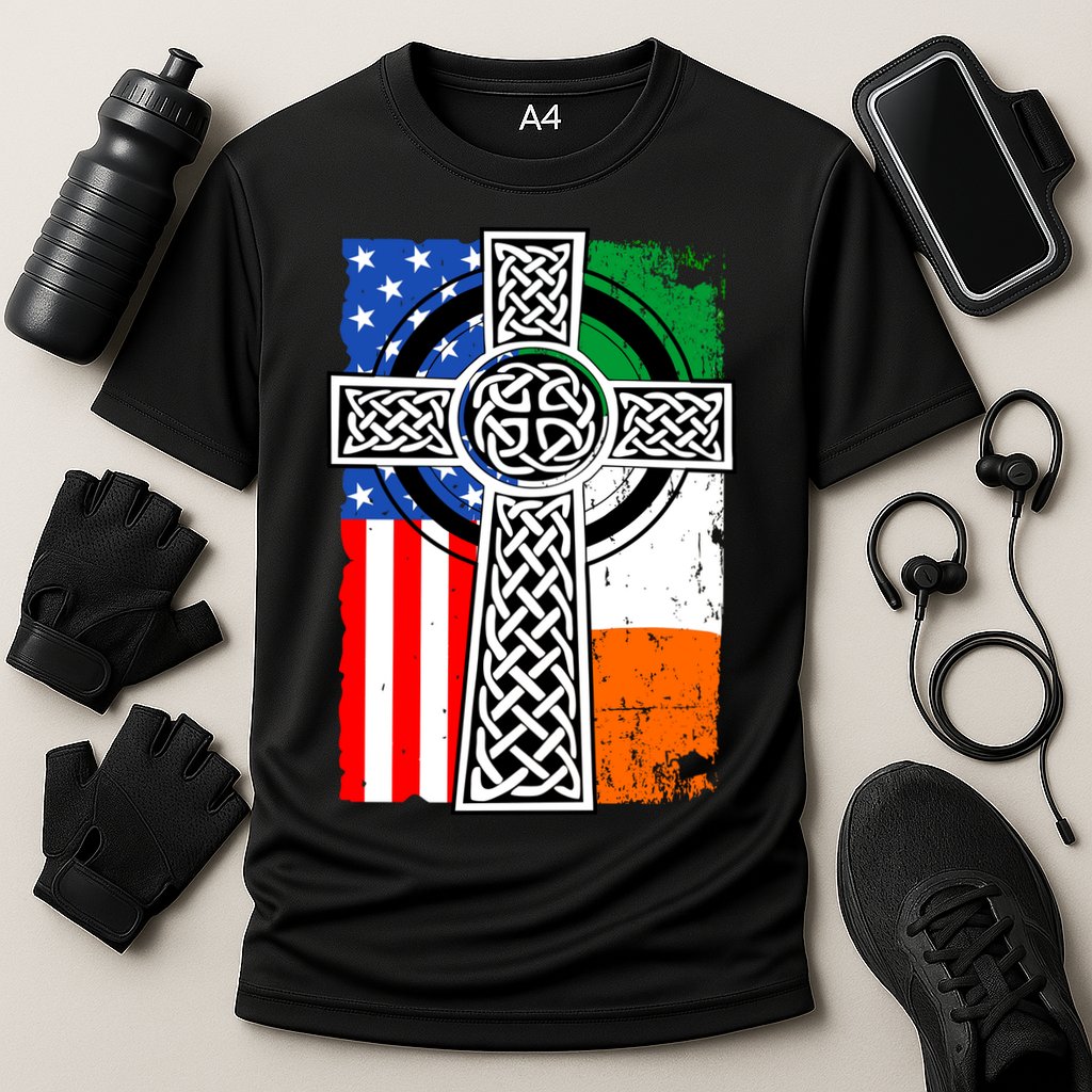 Irish American USA Flag Celtic Cross St Patrick's Day Cooling Performance Crew T-Shirt