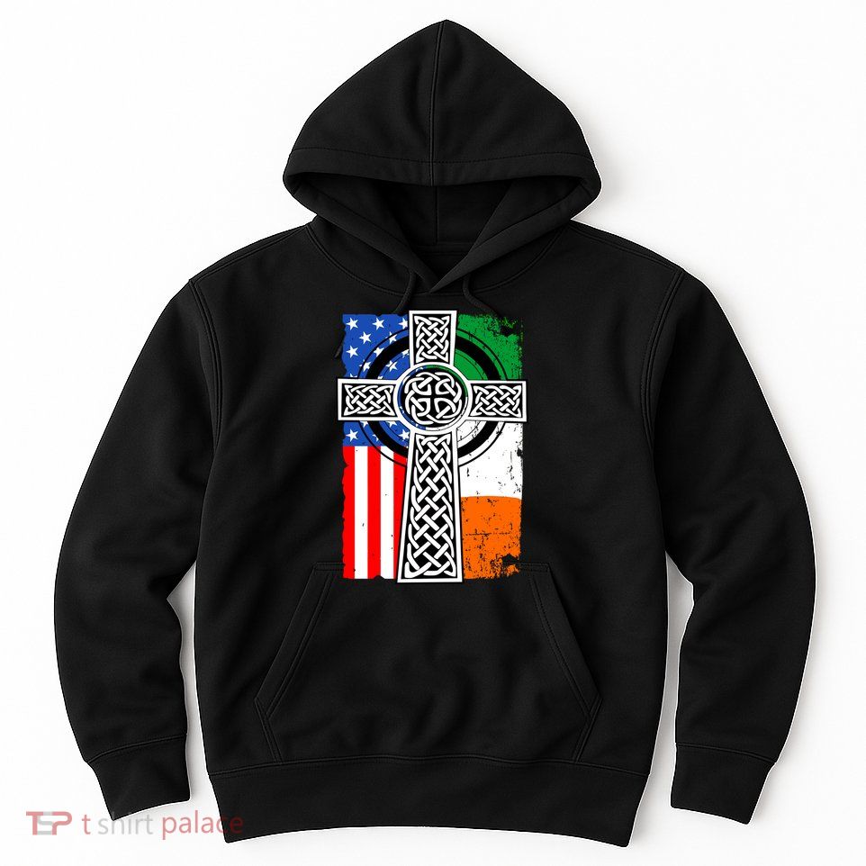 Irish American USA Flag Celtic Cross St Patrick's Day Hoodie