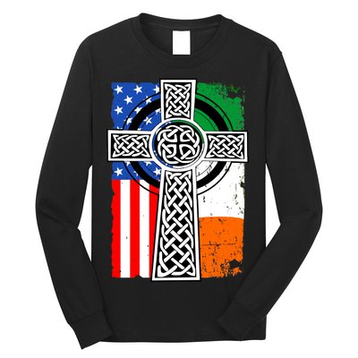 Irish American USA Flag Celtic Cross St Patrick's Day Long Sleeve Shirt