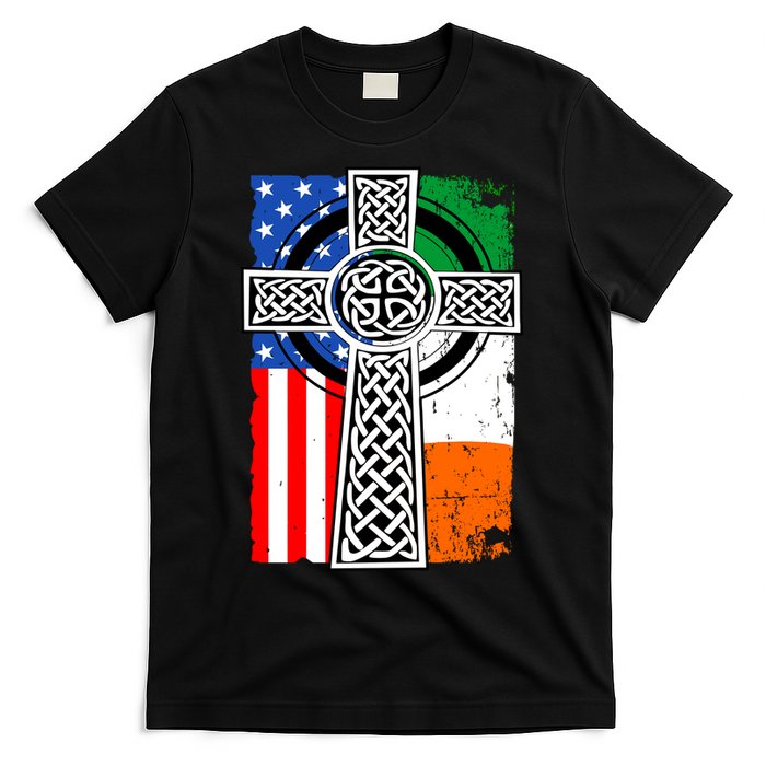 Irish American USA Flag Celtic Cross St Patrick's Day T-Shirt