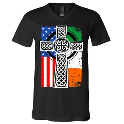 Irish American USA Flag Celtic Cross St Patrick's Day V-Neck T-Shirt