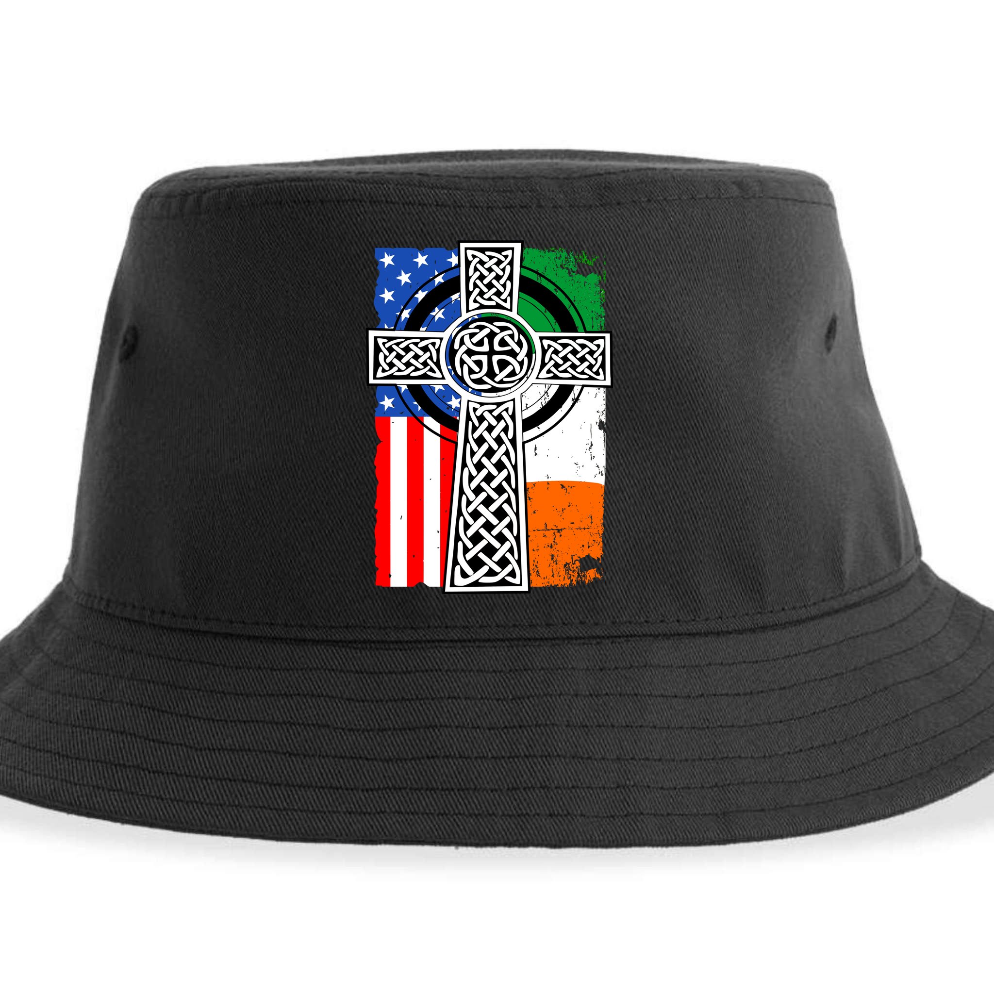 Irish American USA Flag Celtic Cross St Patrick's Day Sustainable Bucket Hat