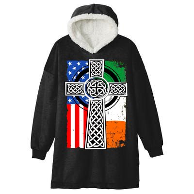 Irish American USA Flag Celtic Cross St Patrick's Day Hooded Wearable Blanket